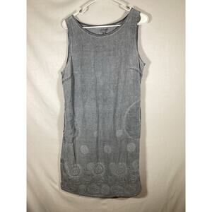 LINA TOMEI Linen Embroidered Dress Boho Grey Womens Large Lagenlook
